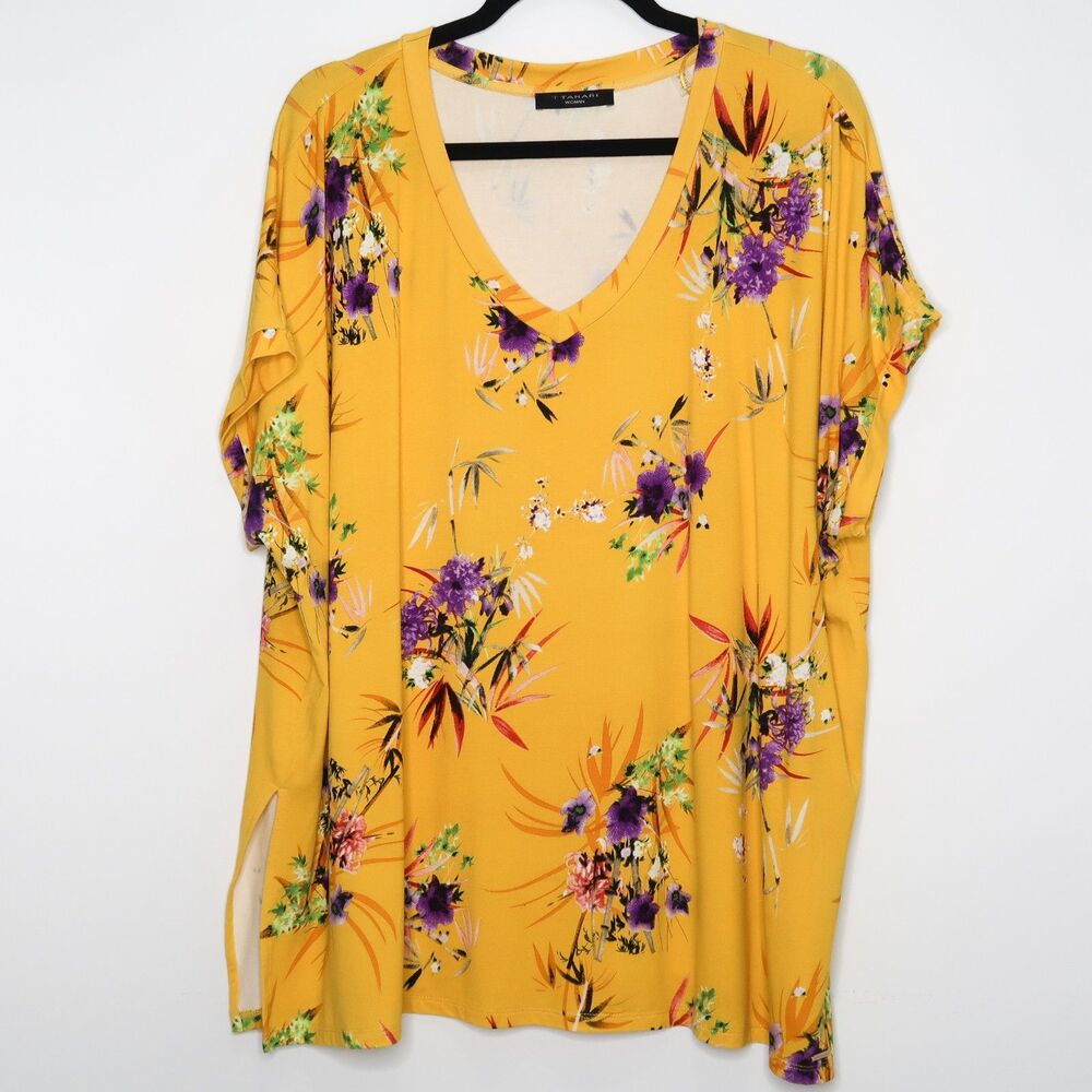T Tahari Womens Top Plus Size 1X Yellow Purple Floral‎ V-neck Feminine Office